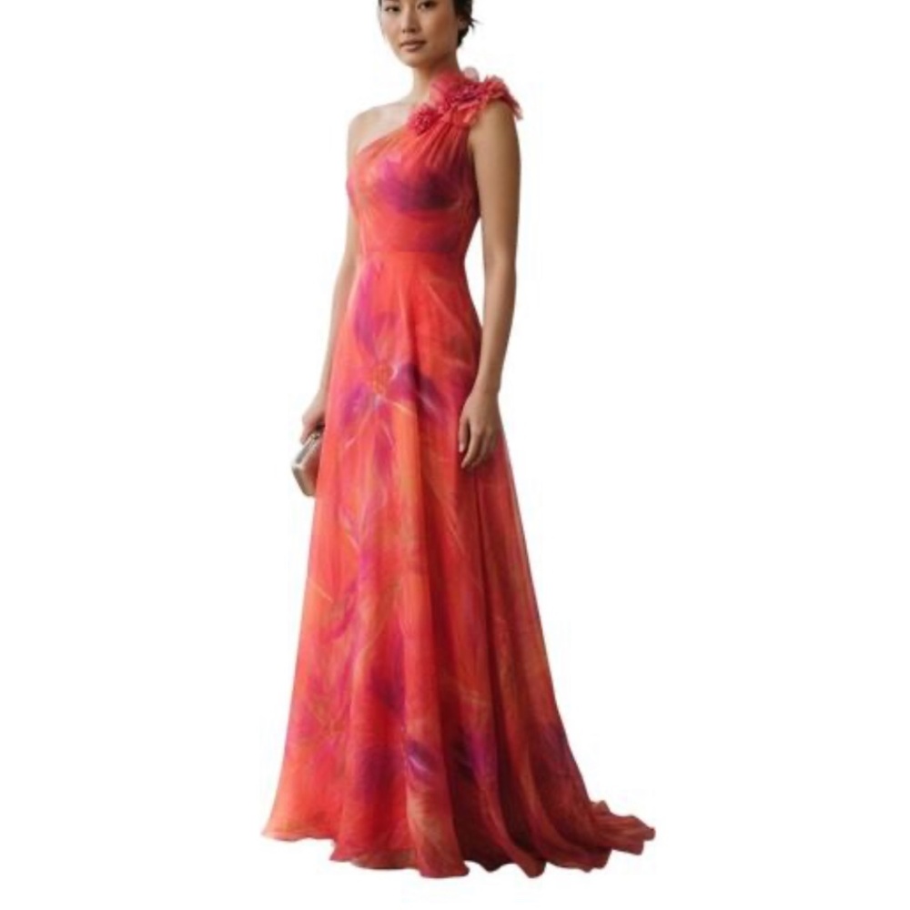 Muse Marchesa One Shoulder Hibiscus Orange Evening Gown Formal Dress